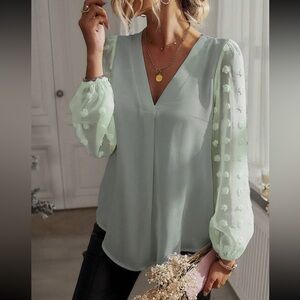 Luxe mint V neck Swiss dot sleeve blouse